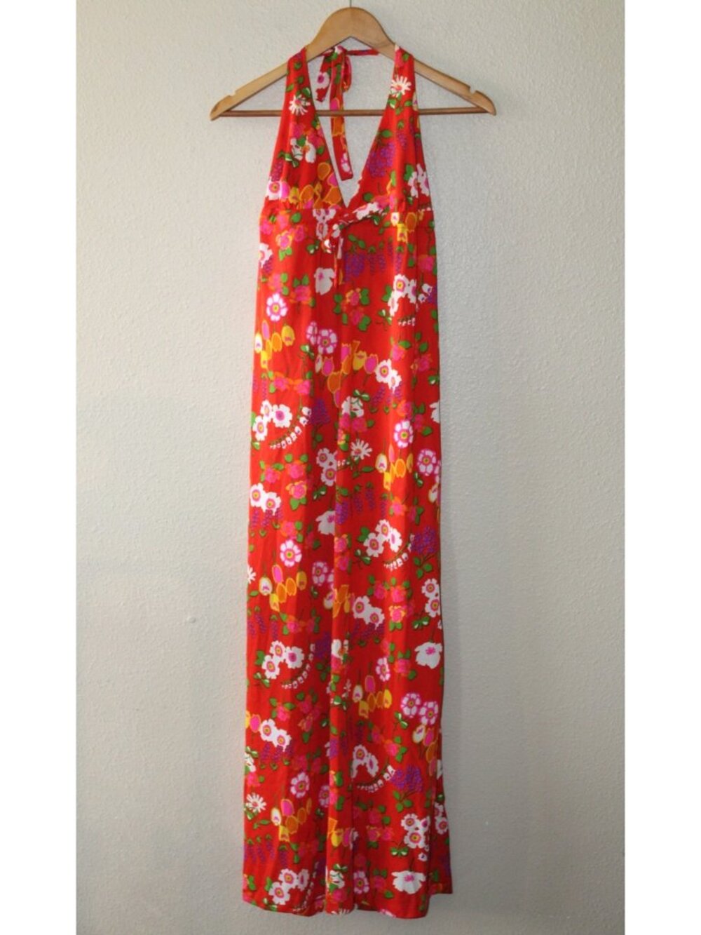 Vintage 70s Sears JR Bazaar Halter Maxi Dress Multicolor Floral Mod L